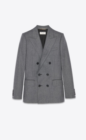 YSL Double-breasted Jacket In Flannel Gris | LKG751382