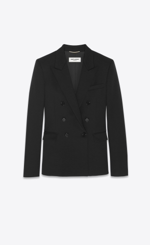 YSL Double-breasted Jacket In Grain De Poudre Noir | IKT503918