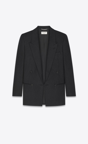 YSL Double-breasted Jacket In Pinstripe Ull Noir Craie | QYK285310
