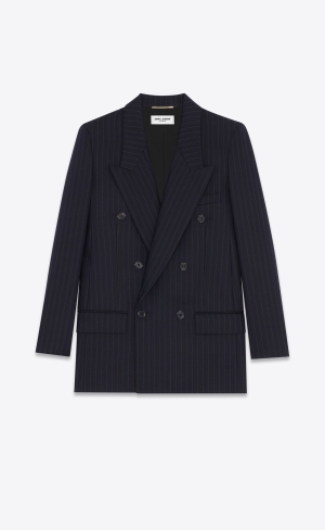 YSL Double-breasted Jacket In Randig Ull Blå | NUF408217