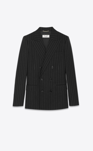 YSL Double-breasted Jacket In Randig Ull Noir Craie | RSQ917506