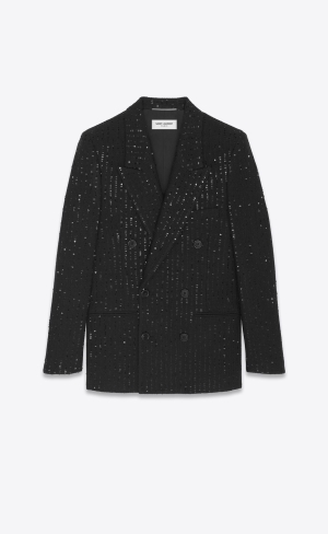 YSL Double-breasted Jacket In Sequined Tweed Noir Brilliant | PGB240865