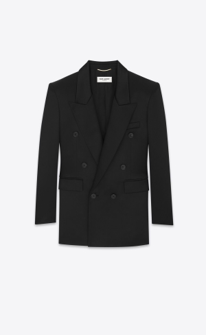 YSL Double-breasted Jacket In Silk Satin Svarta | NQX190357