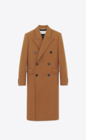 YSL Double-breasted Long Coat In Ull Bruna | DPN968203