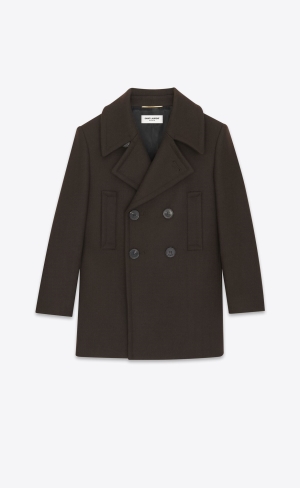 YSL Double-breasted Peacoat In Ull Gabardine Marron Fonce | YOH270169