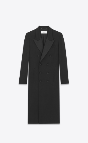 YSL Double-breasted Tuxedo Coat In Satin Ull Svarta | ERM587304
