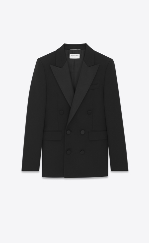 YSL Double-breasted Tuxedo Jacket In Grain De Poudre Svarta | KAH819560