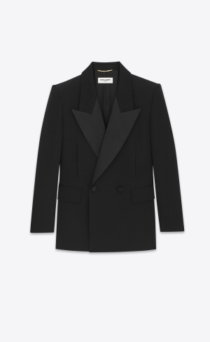YSL Double-breasted Tuxedo Jacket In Grain De Poudre Svarta | NWV715260