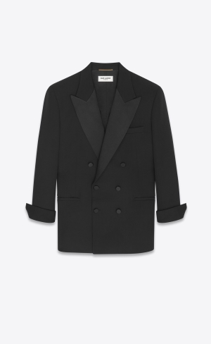 YSL Double-breasted Tuxedo Jacket In Grain De Poudre Noir | PVX891067