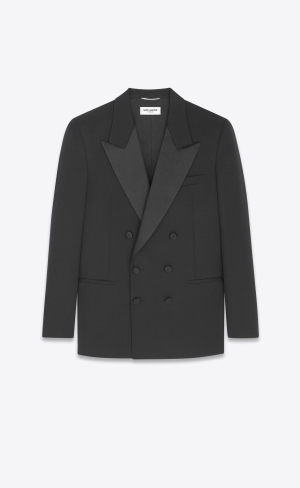 YSL Double-breasted Tuxedo Jacket In Grain De Poudre Noir | QOS942603