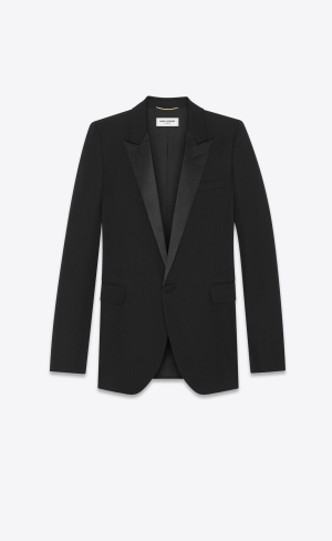 YSL Double-breasted Tuxedo Jacket In Grain De Poudre Svarta | QZA980563