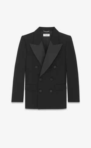 YSL Double-breasted Tuxedo Jacket In Grain De Poudre Svarta | TLQ710429