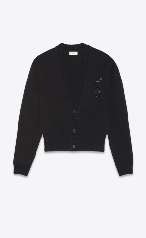 YSL Embroidered Cardigan In Cashmere Svarta | ZXC459378
