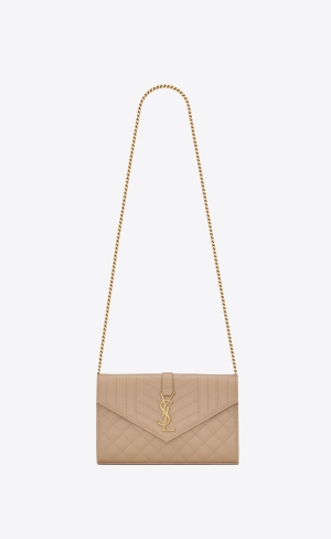 YSL Envelope Chain Wallet In Mix Matelassé Grain De Poudre Embossed Läder Mörkbeige | DBQ470625