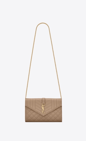 YSL Envelope Chain Wallet In Mix Matelassé Grain De Poudre Embossed Läder Bruna | JNH493270