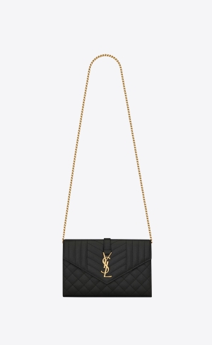 YSL Envelope Chain Wallet In Mix Matelassé Grain De Poudre Embossed Läder Svarta | MYA739160