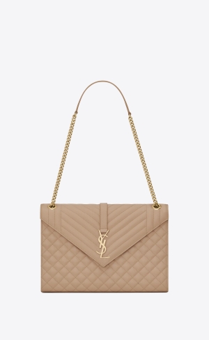 YSL Envelope Large Bag In Mix Matelassé Grain De Poudre Embossed Läder Mörkbeige | HEX974135