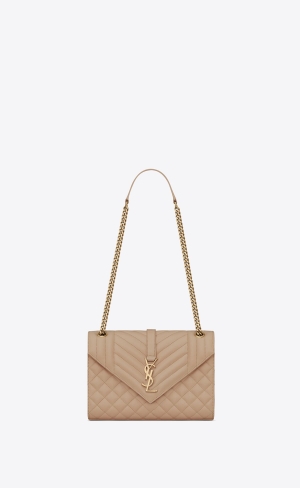 YSL Envelope Medium Chain Bag In Mix Matelassé Grain De Poudre Embossed Läder Mörkbeige | KIW532708