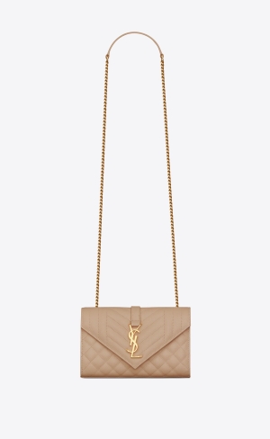 YSL Envelope Small Bag In Mix Matelassé Grain De Poudre Embossed Läder Mörkbeige | IML376105