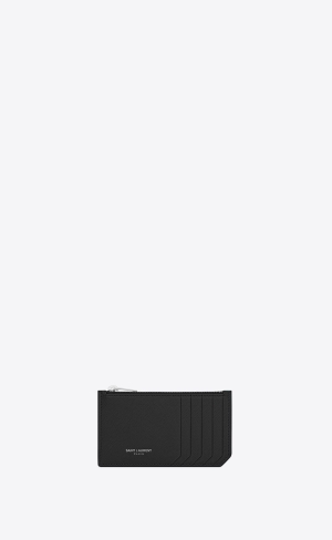 YSL Fragments Zipped Card Case In Grain De Poudre Embossed Läder Svarta | IQG521870