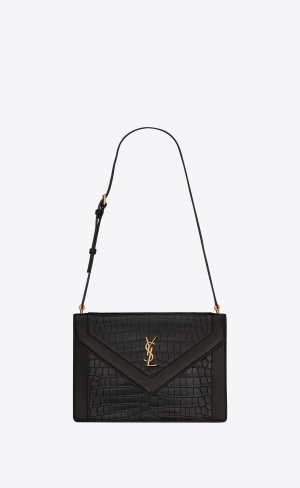 YSL Gaby Satchel In Crocodile-embossed Lacquered Läder And Lambskin Noir | YPZ786340