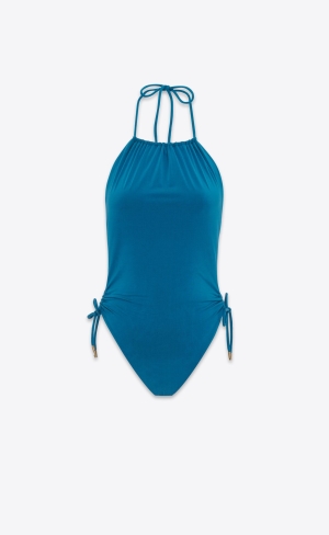 YSL Halterneck Swimsuit Bleu Profond | TNV580624