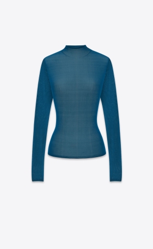 YSL High Neck Top In Silk Bleu Canard | QAI623791