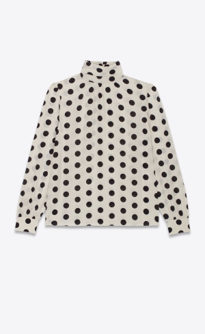 YSL High-neck Blouse In Crepe De Chine Craie Noir | XYI925701