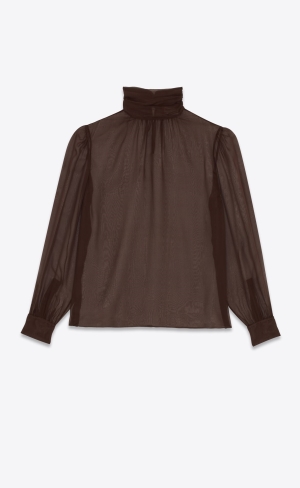 YSL High-neck Blouse In Silk Muslin Cafe | TUS198604