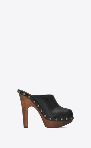 YSL Joan Platform Clogs In Smooth Läder And Wood Svarta | ZVR325748
