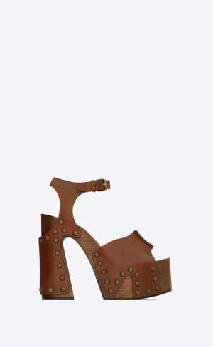 YSL Joan Platform Sandals In Smooth Läder And Wood Noisette | MFT025879