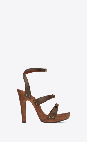 YSL Joan Platform Sandals In Smooth Läder And Wood Kaffe | VTP427095