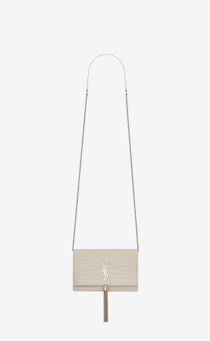 YSL Kate Chain Wallet With Tassel In Crocodile-embossed Läder Blanc Vintage | SHX096573
