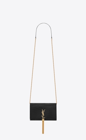 YSL Kate Chain Wallet With Tassel In Crocodile-embossed Shiny Läder Svarta | YFC098241