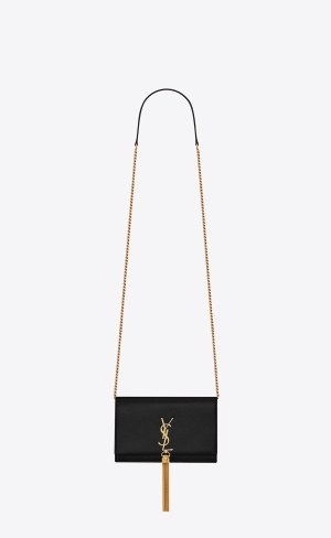 YSL Kate Chain Wallet With Tassel In Grain De Poudre Embossed Läder Svarta | VGB679853