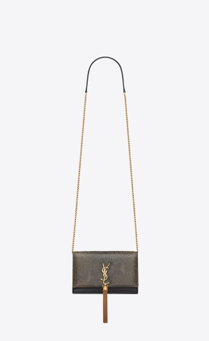 YSL Kate Chain Wallet With Tassel In Python Vert Militaire And Noir | JUF579360