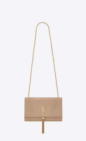 YSL Kate Medium Chain Bag With Tassel In Crocodile-embossed Shiny Läder Mörkbeige | ABD286573