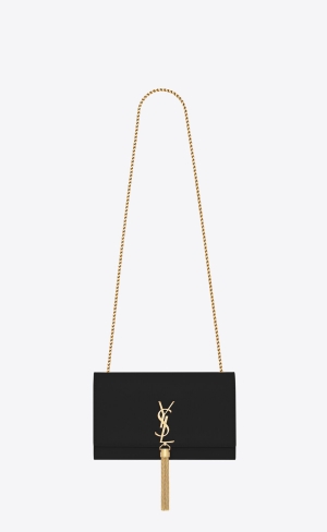 YSL Kate Medium Chain Bag With Tassel In Grain De Poudre Embossed Läder Svarta | OJK654872