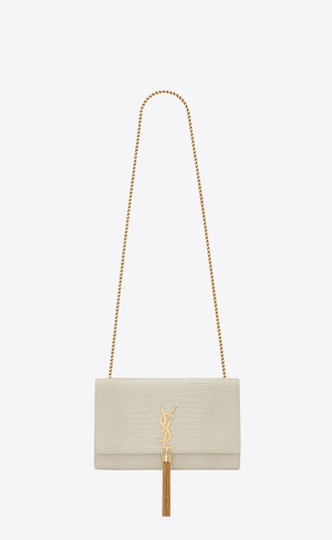 YSL Kate Medium Chain Bag With Tassel In Crocodile-embossed Shiny Läder Blanc Vintage | VKN485193