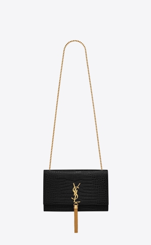 YSL Kate Medium Chain Bag With Tassel In Crocodile-embossed Shiny Läder Svarta | WZI372504