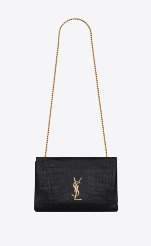 YSL Kate Medium Reversible Chain Bag In Mocka And Crocodile-embossed Läder Grå Bruna | KXD837456