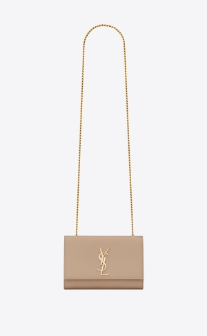 YSL Kate Small Chain Bag In Grain De Poudre Embossed Läder Mörkbeige | DHK501869