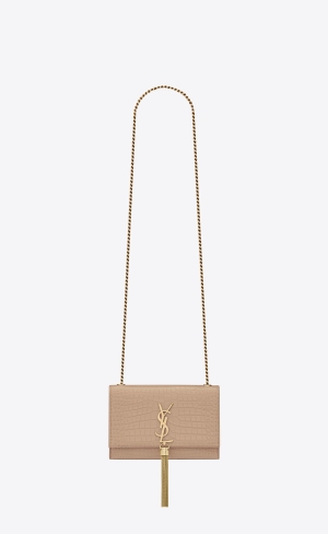 YSL Kate Small Chain Bag With Tassel In Crocodile-embossed Shiny Läder Mörkbeige | JAX874356
