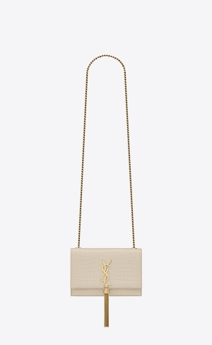 YSL Kate Small Chain Bag With Tassel In Crocodile-embossed Shiny Läder Blanc Vintage | UGI126894