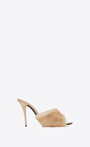 YSL La 16 Klackar Mules In Animal Free-fur And Smooth Läder Ljusbeige | ECL439651