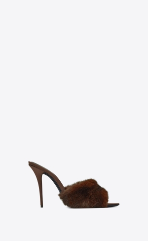 YSL La 16 Klackar Mules In Animal Free-fur And Smooth Läder Mörkchoklad | XWA043285