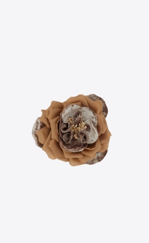 YSL Large Wild Rose Brooch In Silk And Velvet Beige | ZJV360942