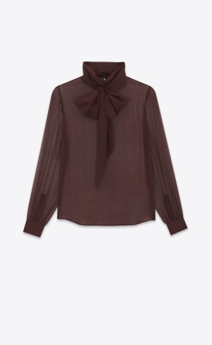 YSL Lavallière-neck Blouse In Crepe Muslin Mörkbruna | GKY912078