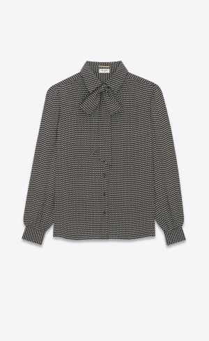YSL Lavallière-neck Blouse In Jacquard Silk Noir Craie | ALW142803