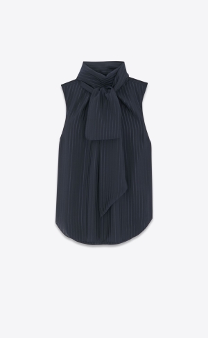 YSL Lavallière-neck Blouse In Matte And Shiny Randig Silk Bleu Nuit | LTX257368